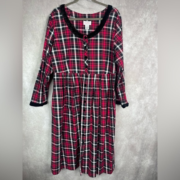 Lanz Of Salzburg Plaid Velvet Trim Flannel Nightgown Dress In Red Size 2X - Picture 2 of 7
